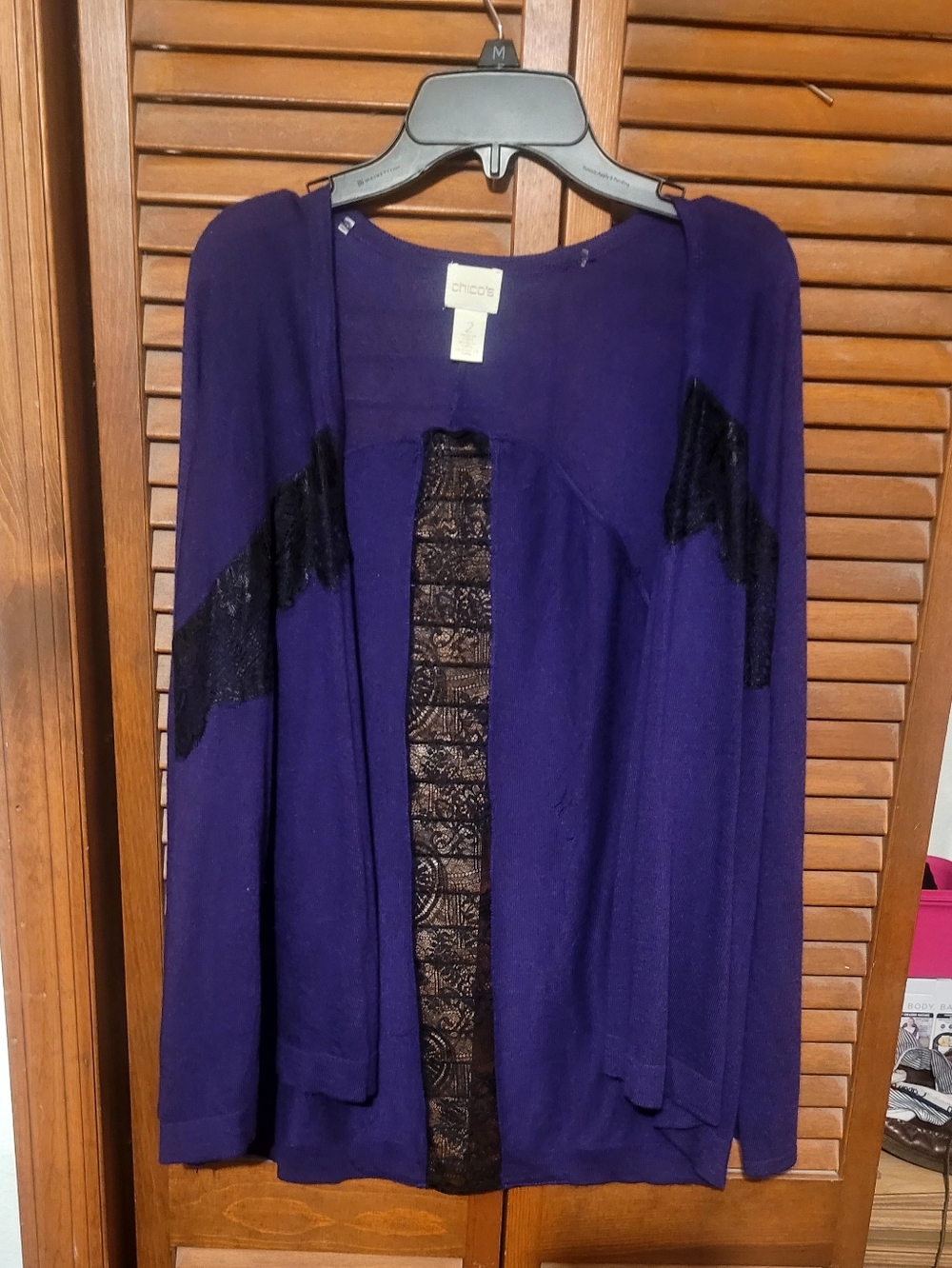 Chico's Deep Purple Knit Cardigan with Lace Trim